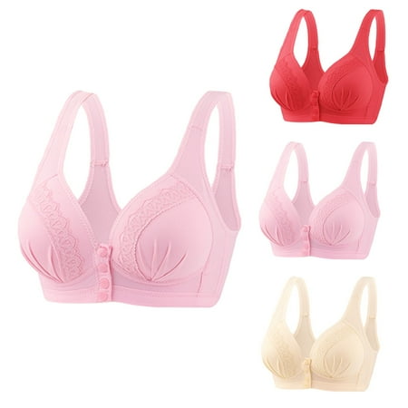 GERsome Front Button Bra Front Closure Everyday Sports Bras Comfort Wireless Bras Full Coverage Bras for Women & Girls Pack of 3 Assorted Color Pink/Red/Beige XL