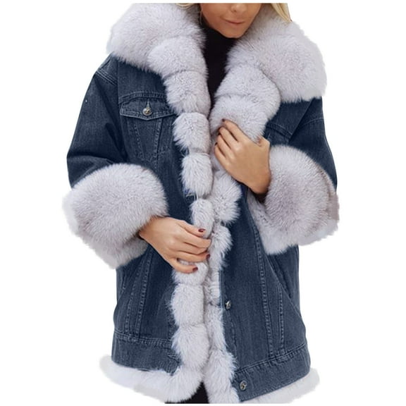 OSFVNOXV Denim Peacoats for Women Distressed Thicken Fleece Collar Long Warm Winter Jean Windbreaker Jackets