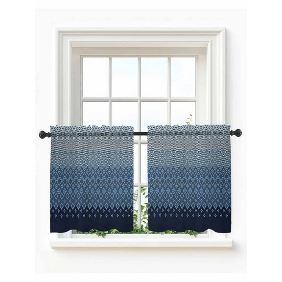 Blue Grey Ombre Geometric Tier Curtains 36 Inch Length,Sheer Curtains for Bedroom Living Room Window Modern Abstract Art Rod Pocket Voile Drapes Kitchen Curtains Small Half Window 27.5"x36" 2 Panels