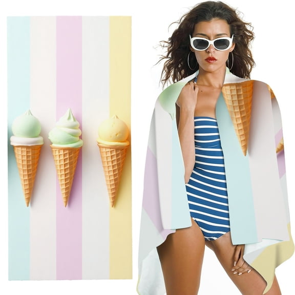 RKSupls Pastel Ice Cream Cone Stripe Microfiber Beach Towel, Extra Large Quick Dry Lightweight Absorbent Towel for Travel Swimming Camping, Soft Super Absorbent- 30x60 in