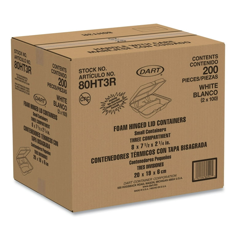 Foam Hinged Lid Containers, 3-Compartment, 7.5 x 8 x 2.3, White, 200/Carton Foam Hinged Lid Containers, 3-Compartment, 7.5 x 8 x 2.3, White, 200/Carton