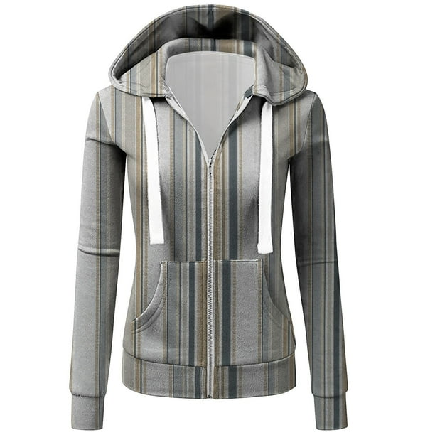 ICHUANYI Clearance Women's Casual Hooded Pockets Stripe Zipper Long Sleeve Tops Sweatshirt Coat(Gray, XL) ICHUANYI WER2023081204589