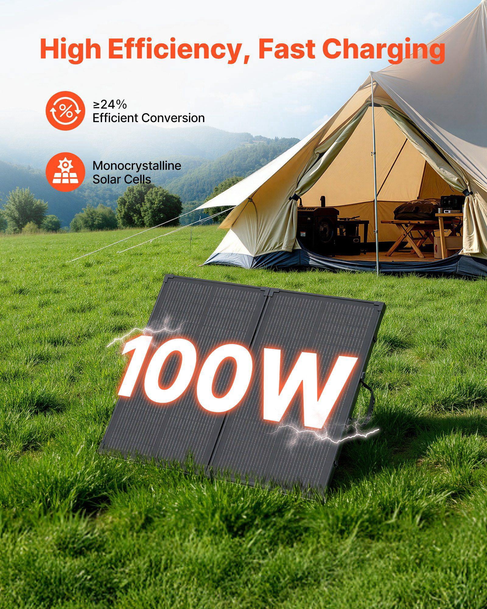 100W Foldable Solar Panel with Frame 16BB N-Type Monocrystalline 24% Efficiency IP67 Waterproof 30A PWM Controller MC4 Output for Camping Hiking RV Portable Charger
