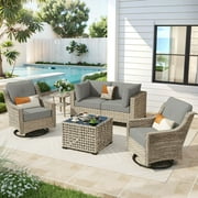 Ovios 6 Pieces Patio Furniture Set with Swivel Rocking Chair All-Weather Wicker Outdoor Conversation Sectional Set with Solar Lamps Coffee Table