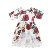 Nokpsedcb Toddler Baby Kids Girls Floral Dress Short Sleeve Princess Tops Shirt Tail White 18-24 Months