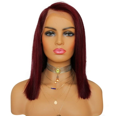 AISOM 13*4 Lace Frontal Peruvian Virgin Human Hair Bob Wigs Burgundy Color 150% Density,