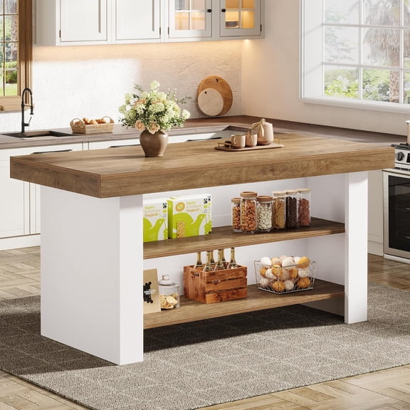 Tribesigns 55-Inch Kitchen Island with Storage, Farmhouse Center Island Table for Kitchen, Dining Room, Brown and White