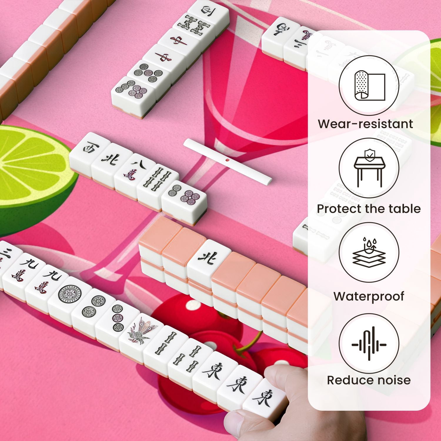 Mahjong Mat 31.5" x 31.5" Bright Pink Cocktail Martini Glass Lime Slice Cherries Non-Slip Noise Reduction Mahjong Tiles Table Cover for Dominoes Poker Card Board and Tile Games
