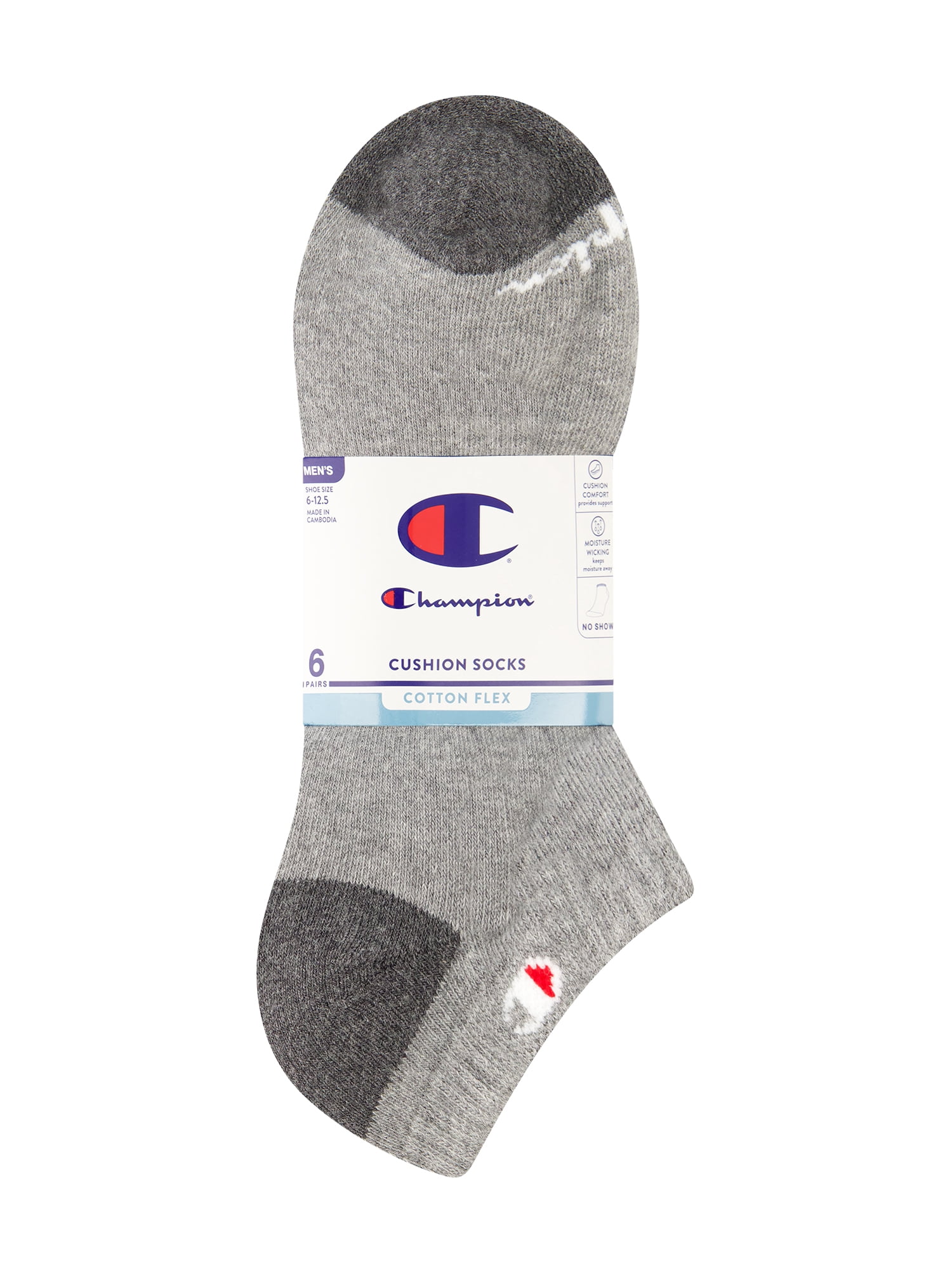 Champion Men’s No Show Socks 6 Pack – Half Terry Cushion, Moisture-Wicking, Arch Support, Stretch Comfort, Sizes 6–12.5
