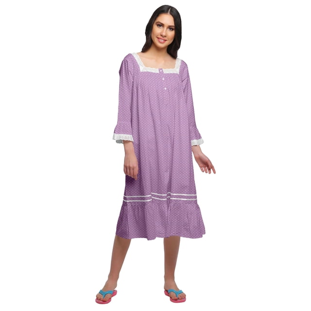Moomaya Robe de Nuit en Coton à Manches Longues à Encolure Carrée Imprimée pour Femmes