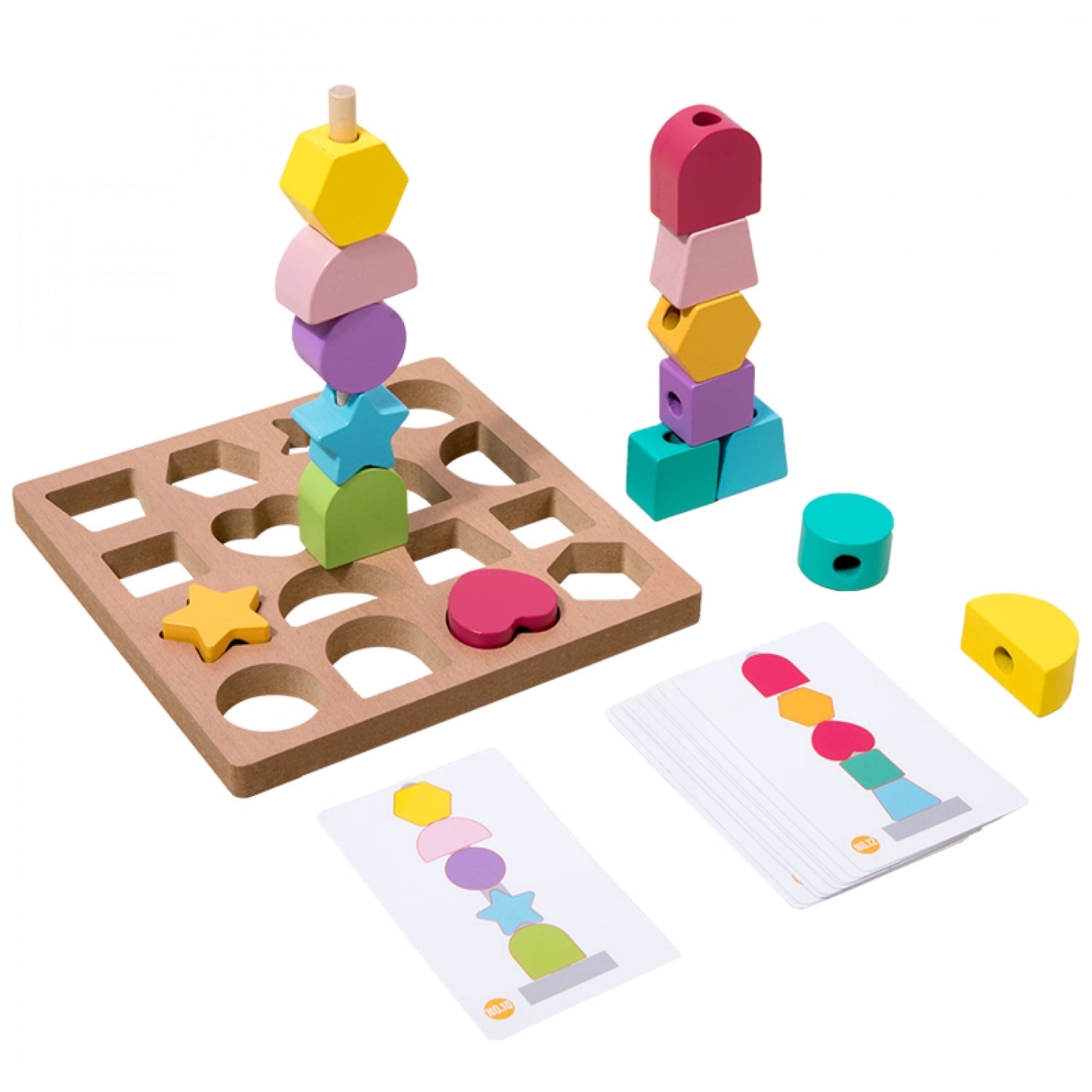 Meponn Montessori Wooden 4-in-1 Shape Sorter Toy Geometric Stacking Blocks with Lacing Beads for Age 3+ ,1-Pack