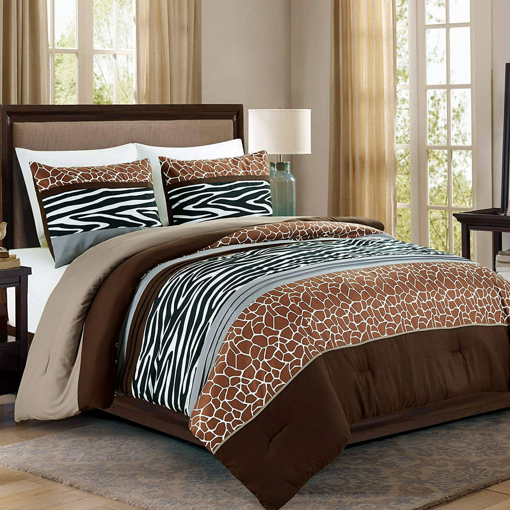 3 Piece Animal Safari Print Queen Comforter Set. Brown/Beige/White ...