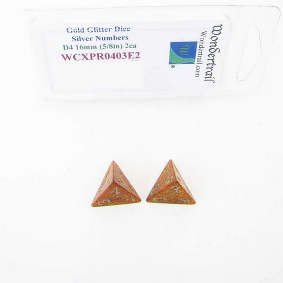 Gold Glitter Dice with Silver Numbers D4 Aprox 16mm (5/8in) Pack of 2 Wondertrail