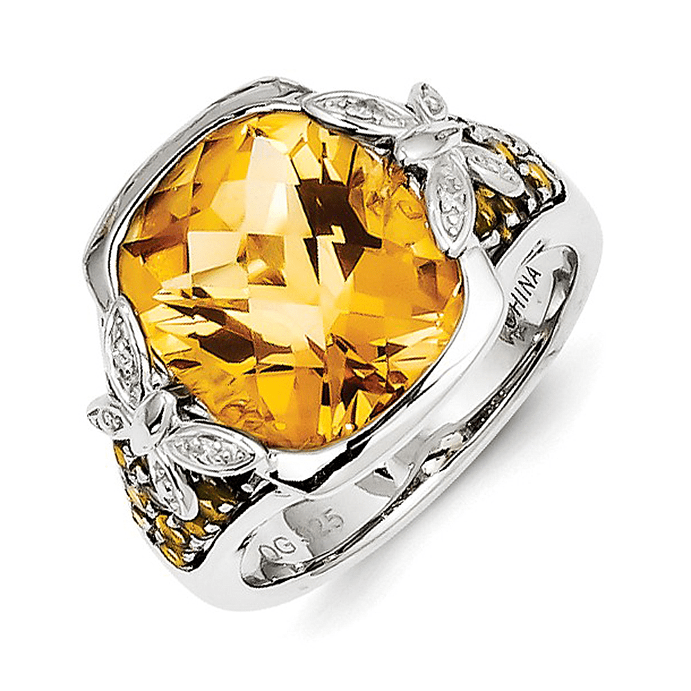 925 Sterling Silver Cushion Cut Citrine and Diamond Ring by gemaffair