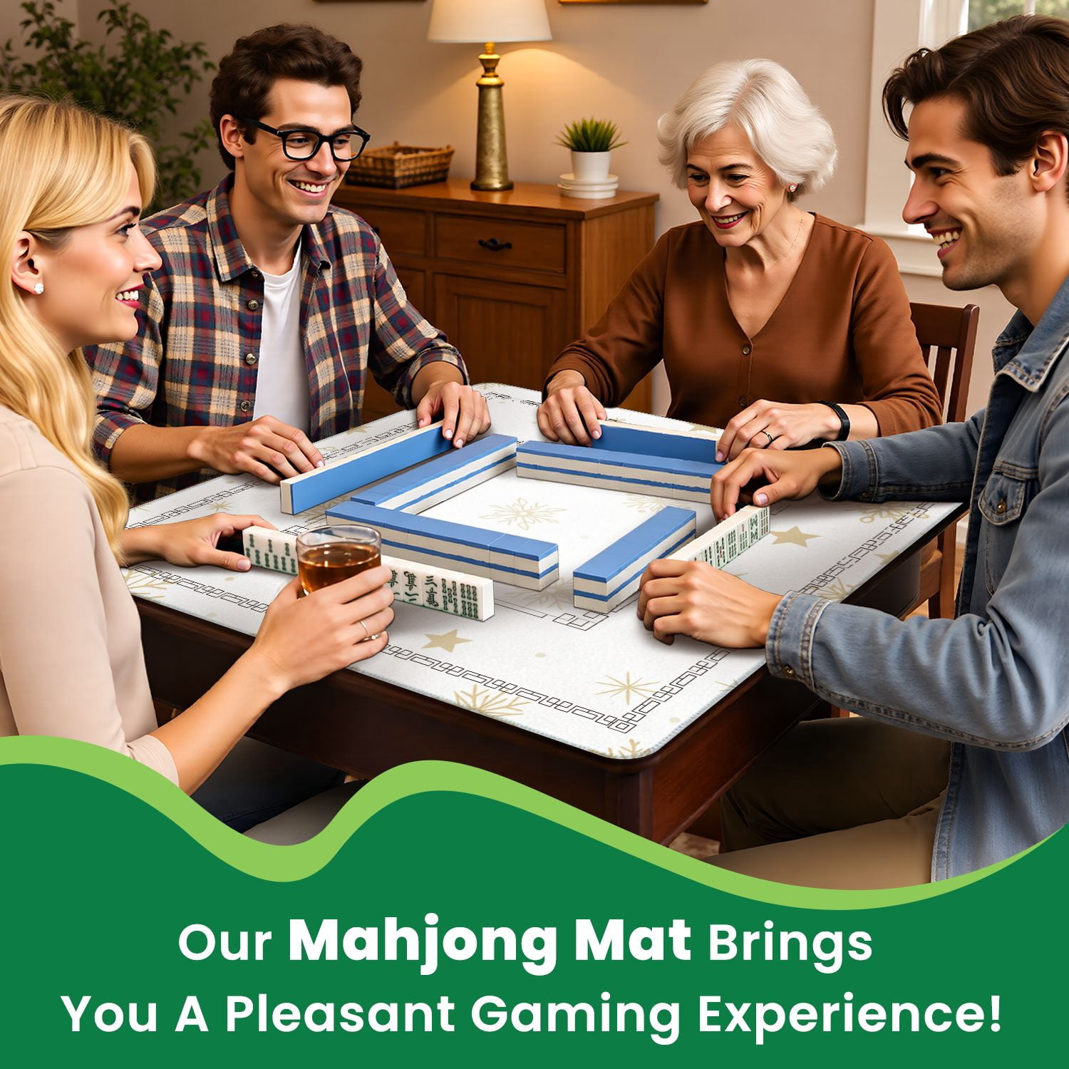 Mahjong Mat 31.5" x 31.5" Golden snowflakes stars white Holiday Seamless Non-Slip Noise Reduction American Mahjong Tiles Table Cover for Dominoes Poker Card Board Games Gift