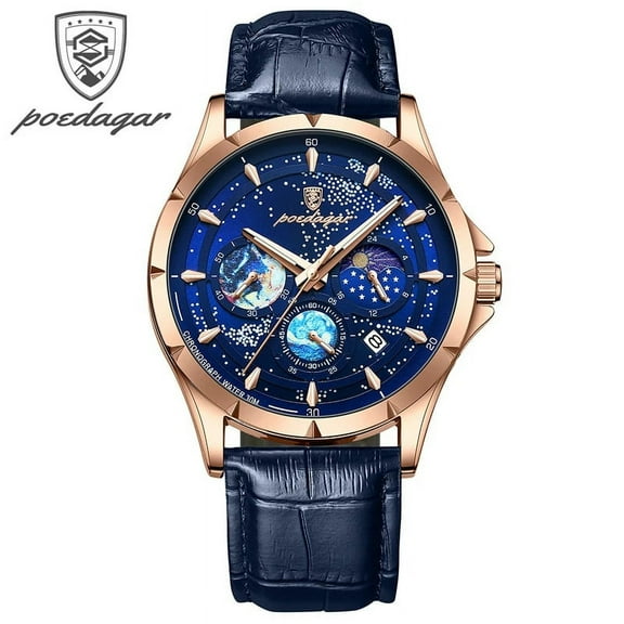 POEDAGAR Brand Fashion Blue Starry Sky Quartz Watch for Men Luxury Leather Waterproof HD Luminous Chronograph Date Watches Mens