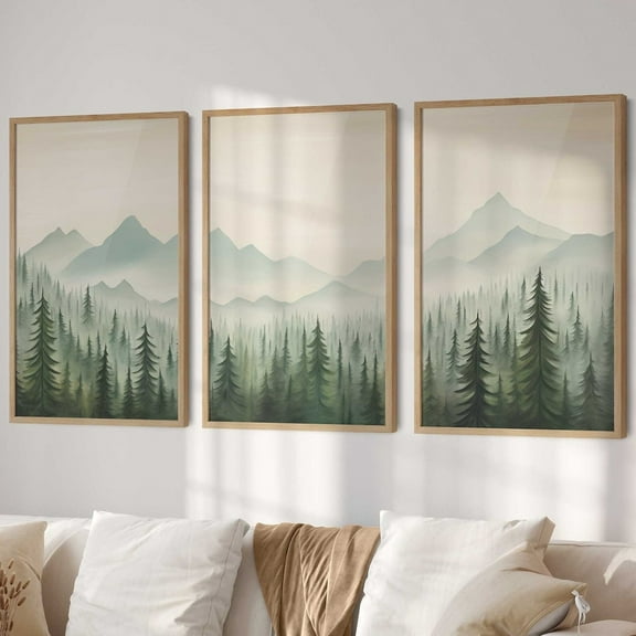 Luvia Forest & Mountain Landscape Poster, Nature Nursery Art, Bedroom Or Living Room Decor, Forest Triptych Set Of 3, Forest, Modern Wall Decor Set 3 Prints 8x12 UNFRAMED
