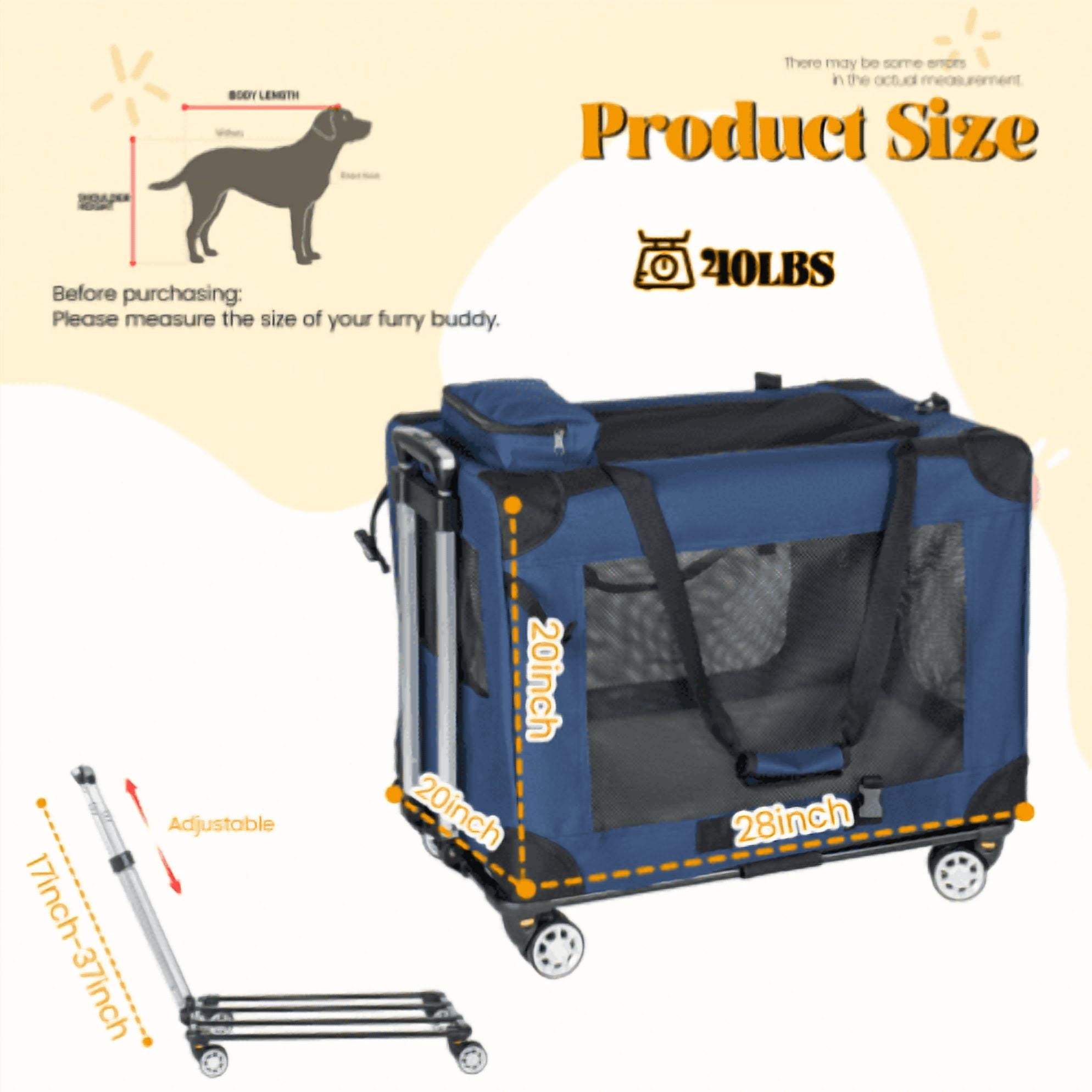 28" Collapsible Rolling Dog Crate 3-Door Mesh Windows Portable Dark Blue