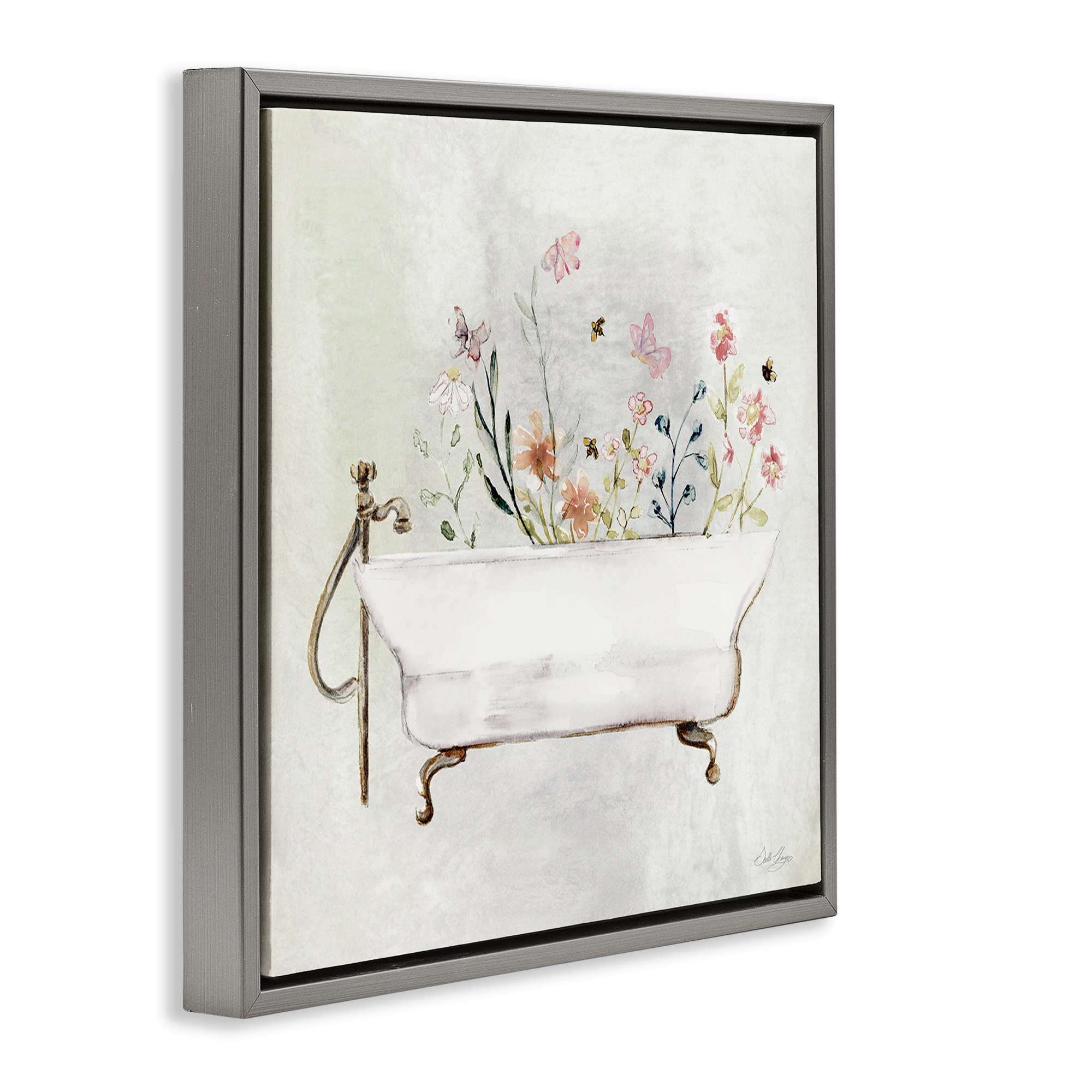 Stupell Industries Butterfly Floral Tub Typography Painting Gray Floater Framed Canvas Art Print Wall Art, 18 x 18