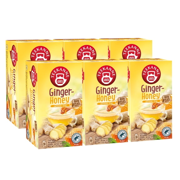 Teekanne Ginger Honey Tea Caffeine Free Naturally Flavored Sweety Honey & Spicy Ginger Herbal Tea with 20 Individually Wrapped Tea Bags Per Box Soothing Delicious Herbal Tea Pack of 6