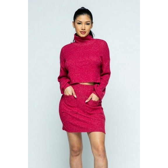 Brushed Knit Mock Neck Drop Shoulder Top With Front Pocket Mini Skirt Set