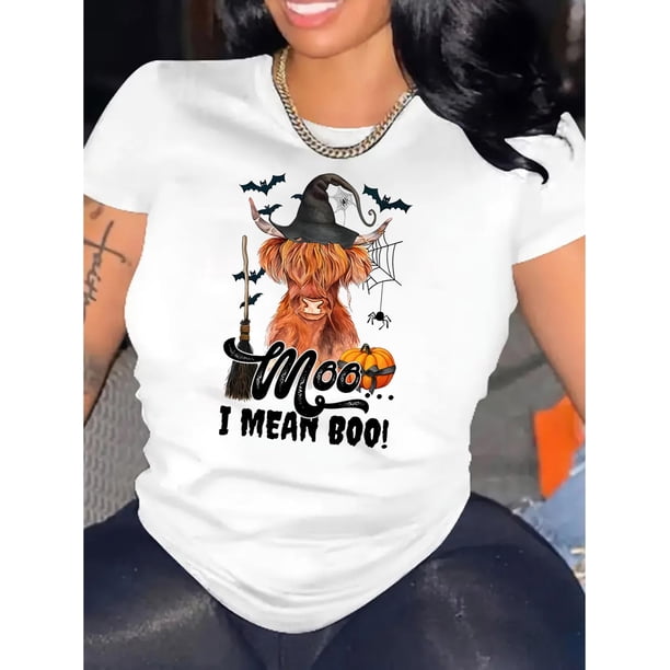 Camiseta de mujer Trajes de verano Traje Camiseta de cuello redondo para viajes de compras deportivas Women's Halloween-Themed T-Shirt with "I mean Boo" Witch Hat Cow Graphic - Casual & Sporty Rou