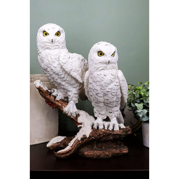 Ebros Mystical Two White Snowy Owl Couple Perching On Tree Branch Statue 12.25"Tall