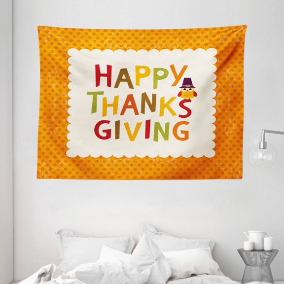 Kids Thanksgiving Tapestry, Little Owl with Pilgrims Hat Celebratory Phrase and Polka Dots, Wall Hanging for Bedroom Living Room Dorm Decor, 80W X 60L Inches, Orange Multicolor, by Ambesonne