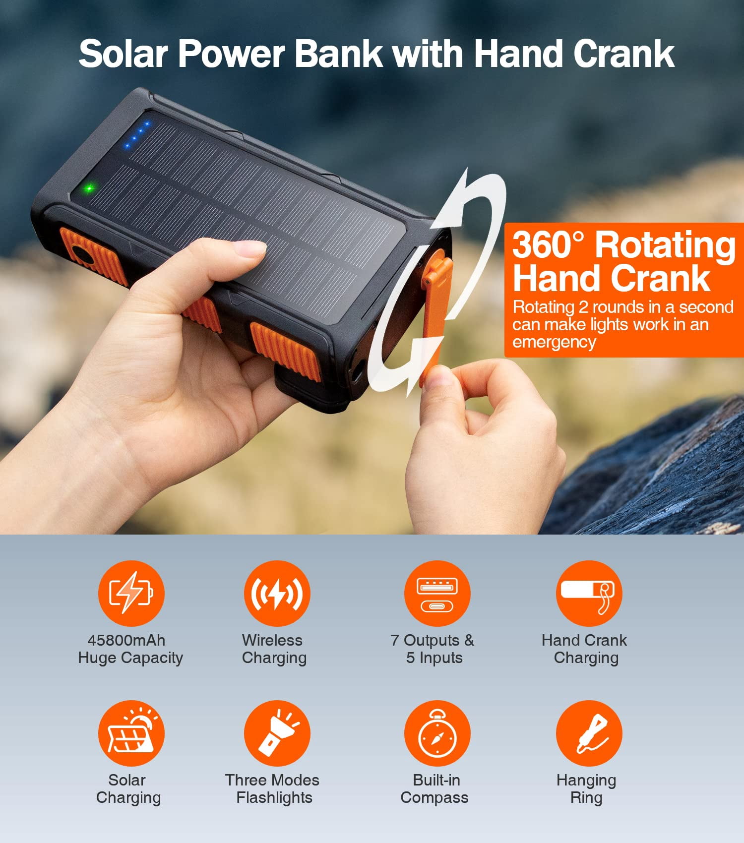 45800mAh Solar Power Bank, Portable Charger with USB-C Input/Output, 5V/3.1A QC 3.0 Fast Charging, Compatible with iPhone, Samsung, Google, and More（Orange）
