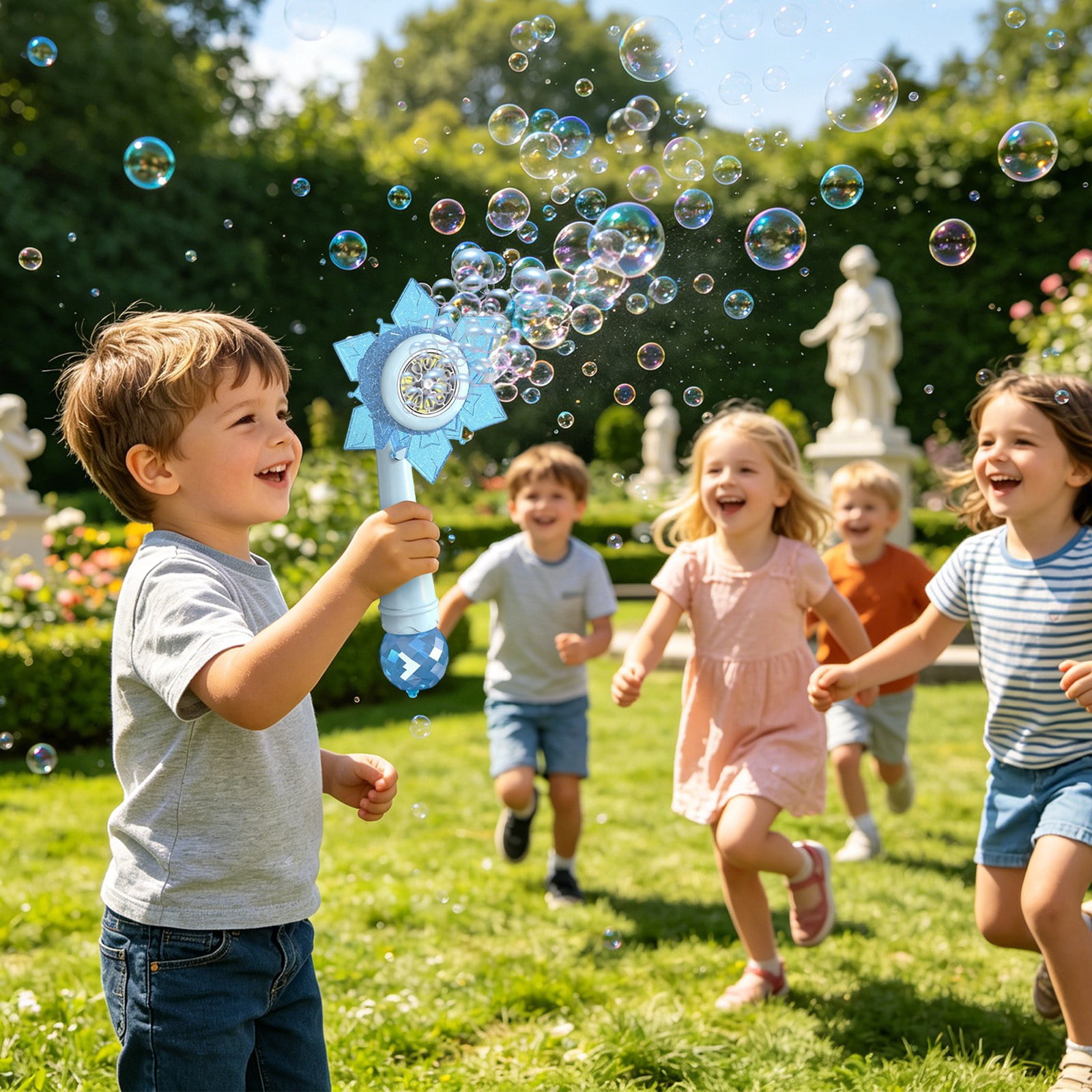 Sunflower Fully Automatic Bubble Machine, Snowflake Electric Bubble Blaster with Sound and Light, 360° Rotatable Portable Bubble Wand with 80ml Bubble Liquid for Outdoor Party Photo Prop