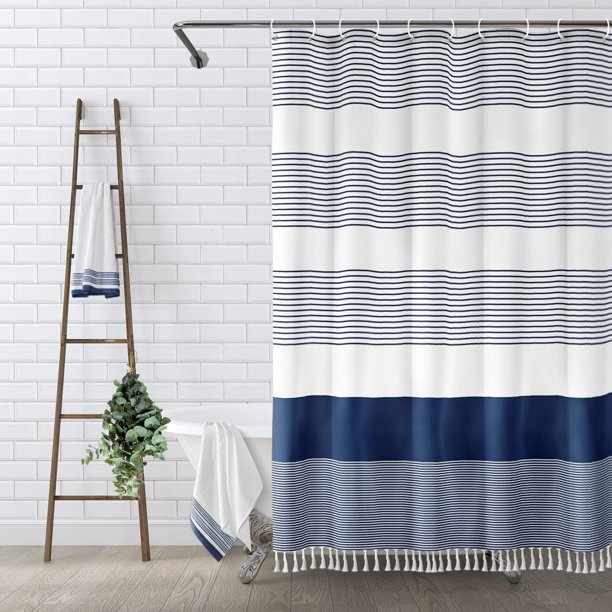 Cortina de ducha Awellife con borla a rayas azul marino, 213 x 183 cm