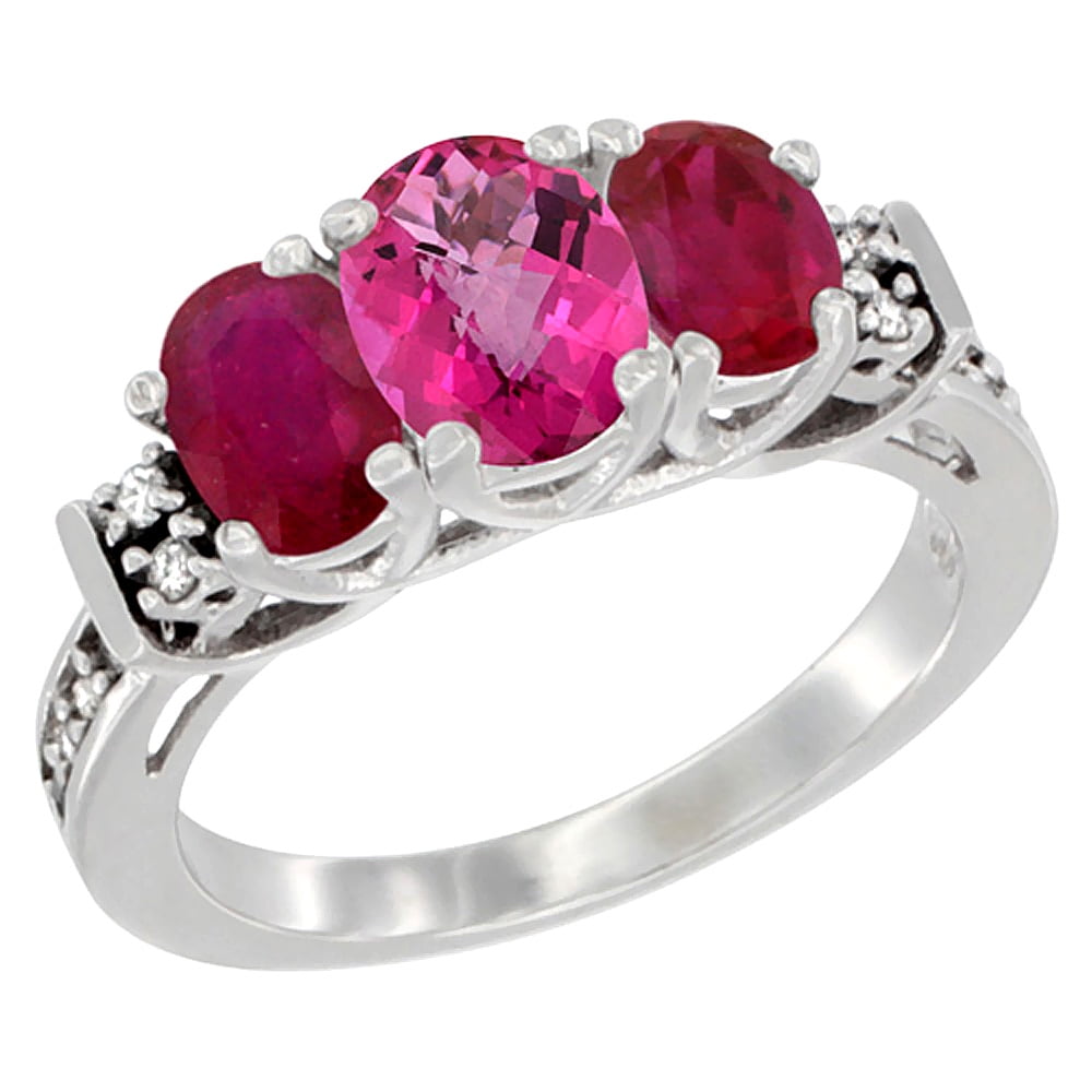 10K White Gold Natural Pink Topaz & Enhanced Ruby Ring 3-Stone Oval Diamond Accent, sizes 5-10 by WorldJewels