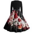 thumbnail image 5 of Halloween Dresses for Women Skeleton Printed V-Neck Fall Swing Dress Pumpkin Hepburn Long Sleeve Spooky Tea Length Dress with Belt L, 5 of 5