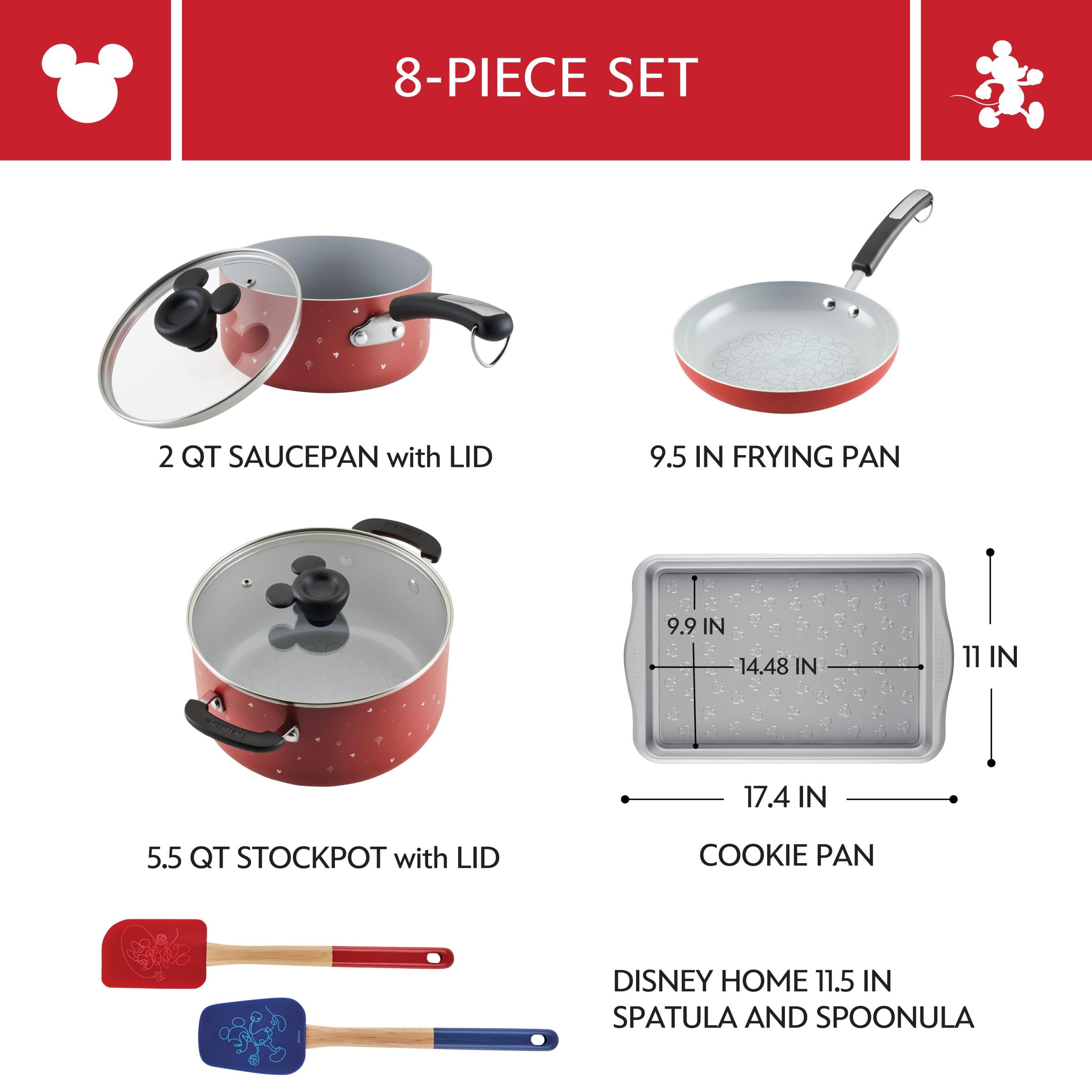 Farberware Ceramic Nonstick Pots and Pans Set with Baking Sheet/Cookie Pan and Disney Home Kitchen Tools, 8 Piece Non Stick Cookware Set - Red