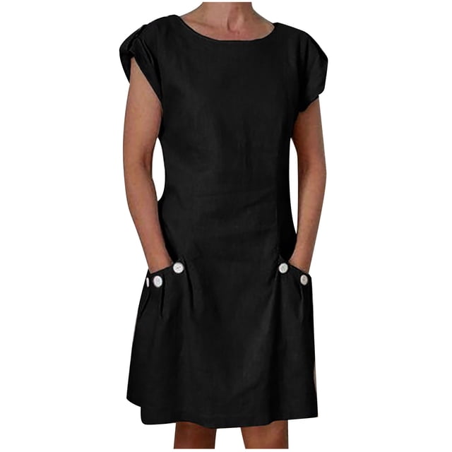QIPOPIQ Robes pour Femmes avec Poches Manches Courtes Nouvelle Robe d'Été Unie à Boutons Double Robe à Col Rond Contrastant Offres 2023