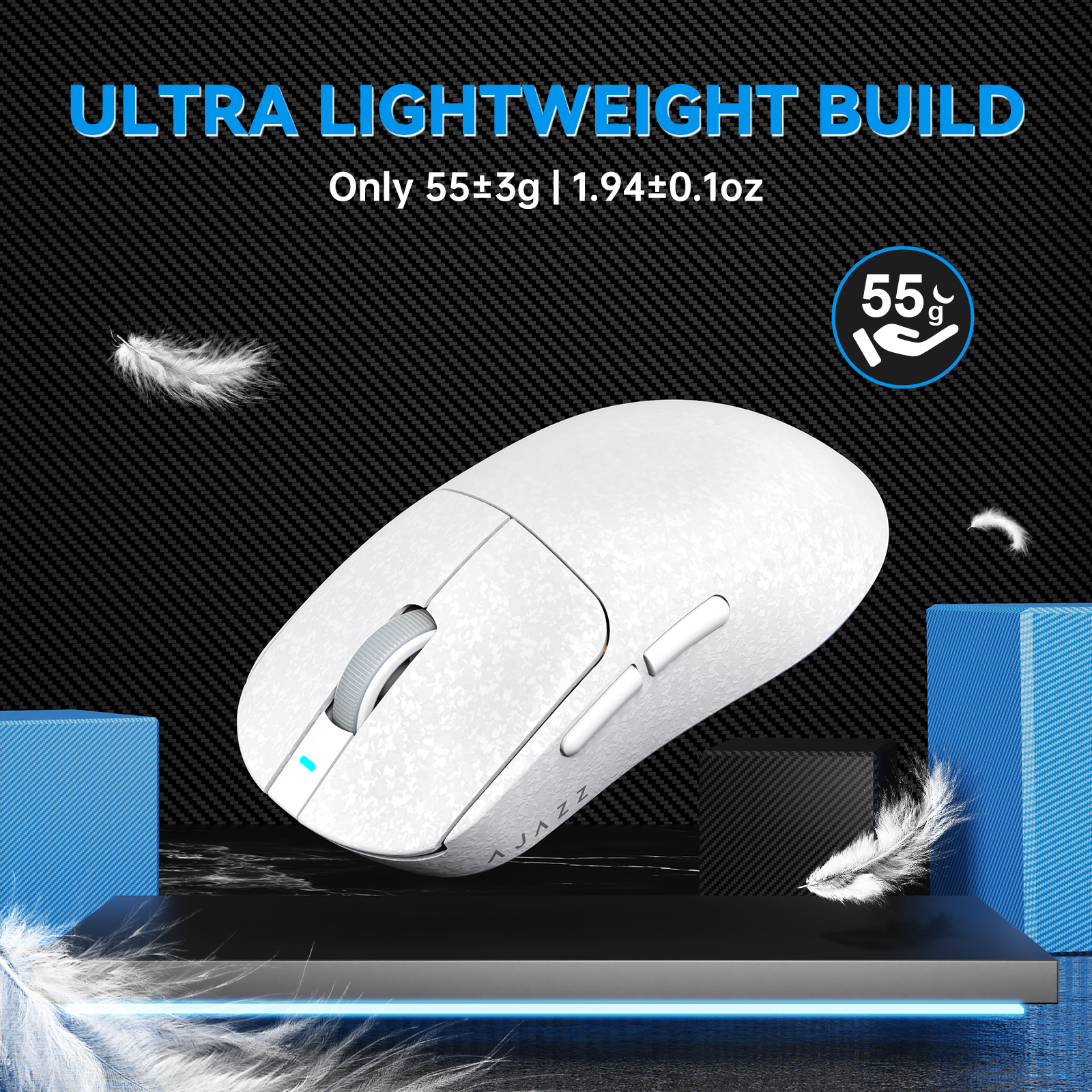 Ajazz AJ199 Wireless Gaming Mouse Ultra-Lightweight 55g Tri-Mode Connection 24000 DPI PAW3311 Sensor Carbon Fiber Shell 500mAh Battery 1K Polling Rate Durable & Anti-Slip Design Black