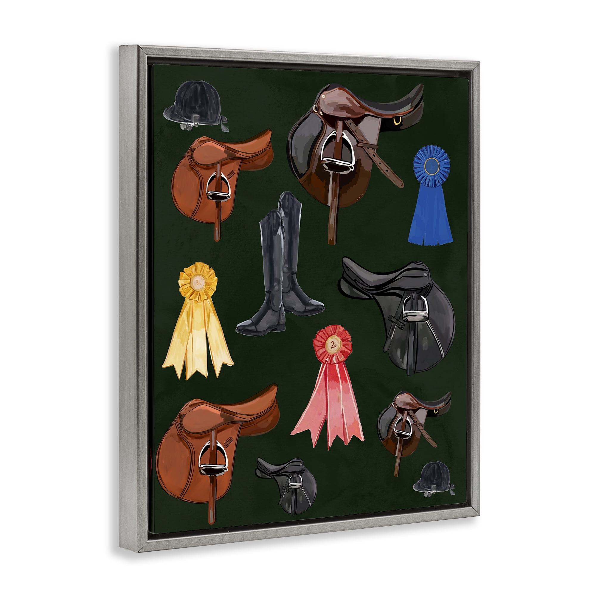 Stupell Industries Equestrian Saddles & Ribbons Sports Painting Gray Floater Framed Art Print Wall Art, 17 x 21