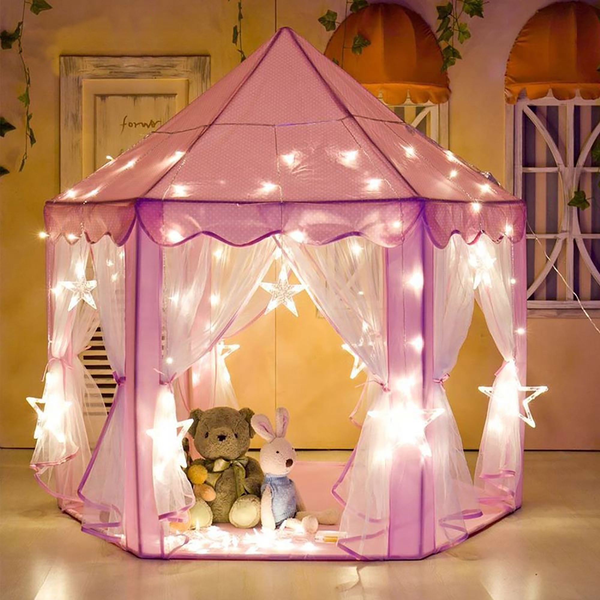 Pink Kids Indoor Princess Castle Play Tents,Sanmersen Outdoor Portable Large Playhouse with LED Star Lights,Perfect Indoor Toys Gift for Child Toddlers