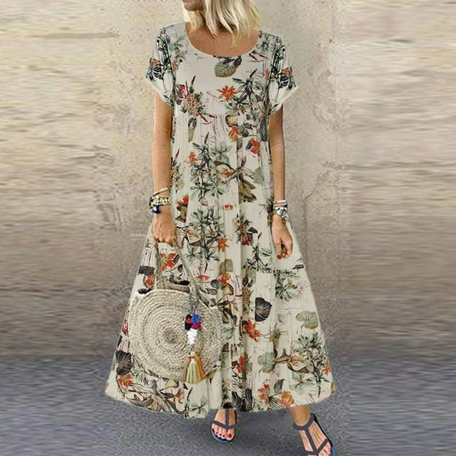 CHOK Robe Longue Maxi Bohème en Coton et Lin à Manches Courtes Décontractée à Imprimé Floral pour Femmes