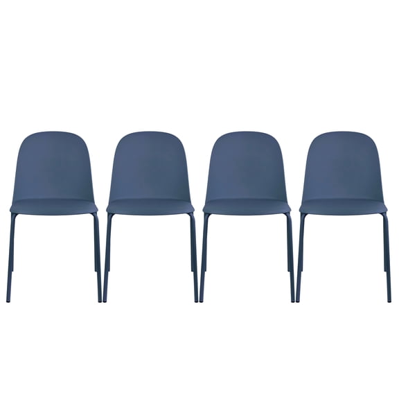 Set of 4 Stackable Dining Kitchen Chairs Plastic Armless Side with Back Curved Round Shape Chrome Metal Legs Indoor Outdoor Patio Blue