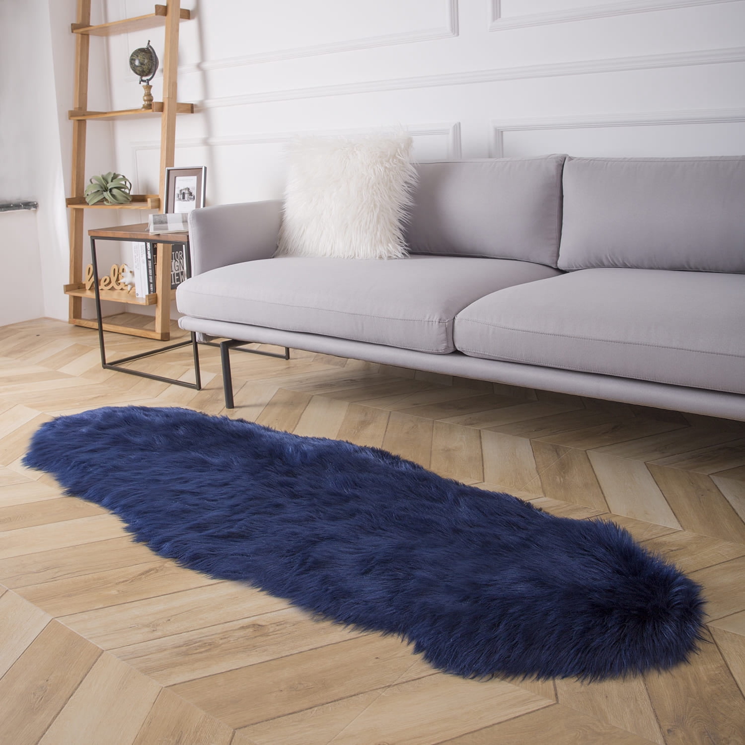 Deluxe Ultra Soft Faux Sheepskin Fur Series Fluffy Decorative Indoor Shag Area Rug, 2 x 6 Feet, Navy Blue, 1 Pack