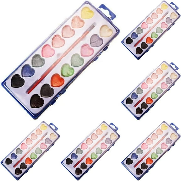 6 Pack Watercolor Paint Sets for Valentine's Day Gifts, Heart Shaped Watercolor Paint Set for Kids Classroom, Valentines Paint Sets with Paintbrush, Washable Water Color Paint Palette Art Supplies
