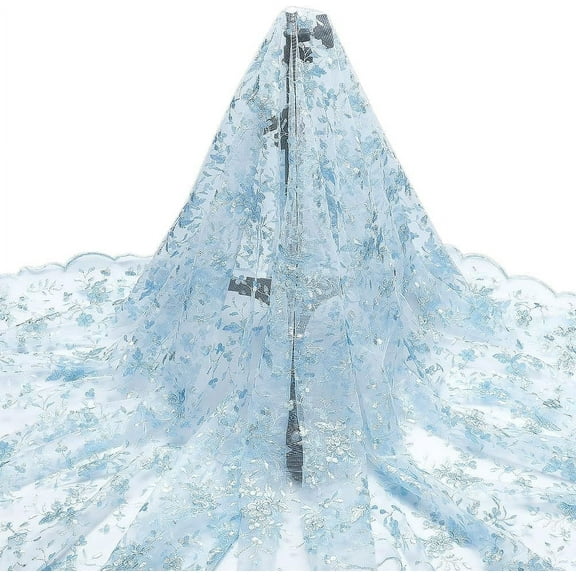 2 Yards Embroidered Flower Fabric 51inch Polyester Mesh Embroidered Lace Trim Embroidery Tulle Fabric Garment Accessories for Dress Table DIY Crafts Curtain Home Vintage Decor Light Blue