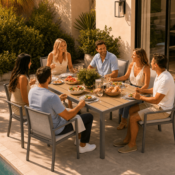 Aiho 7-Piece Patio Dining Set with Stackable Chairs - 6 Textilene Chairs & Steel Table, Light Gray