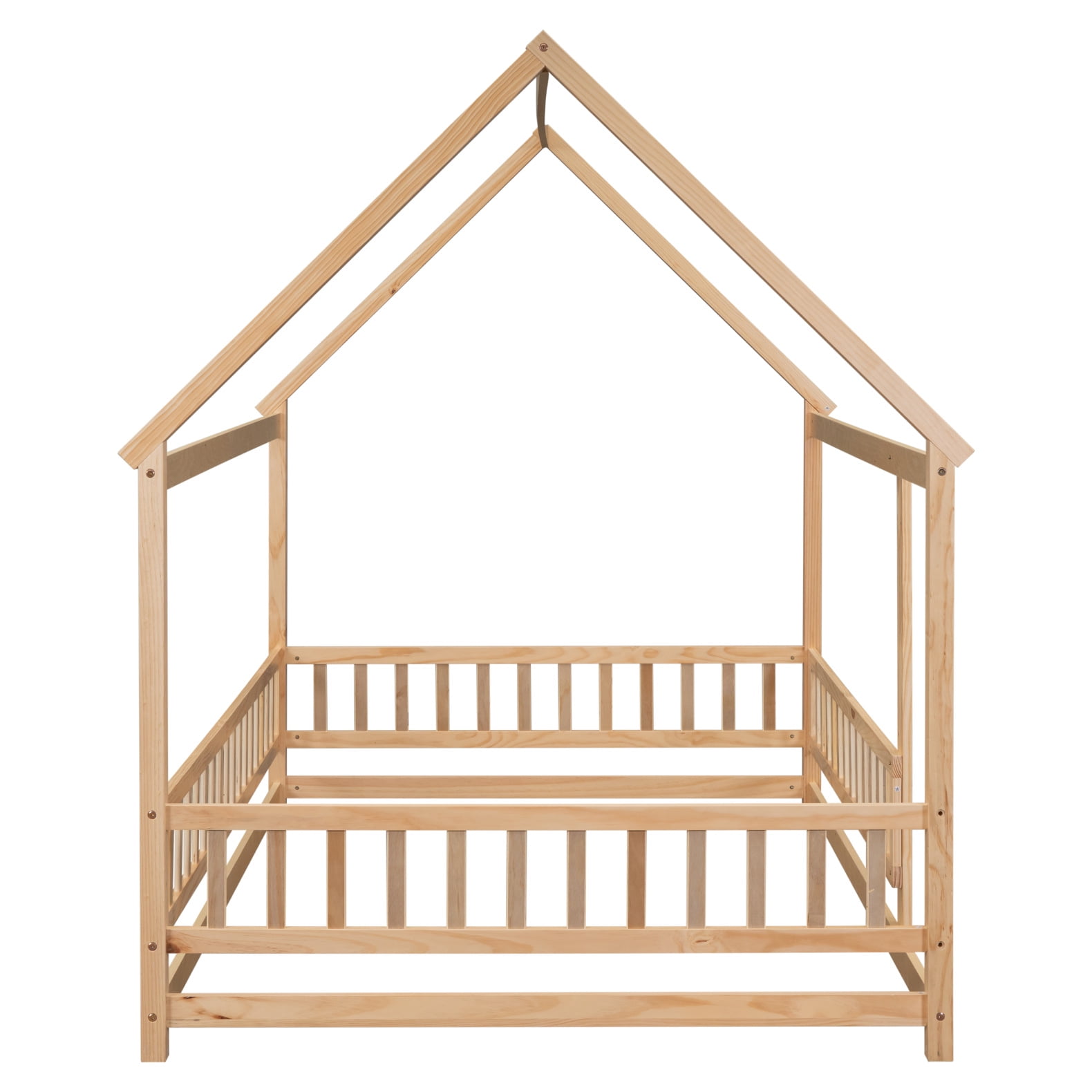 Full Size Floor Bed Frame for Kids,Montessori Floor Bed with House Roof Frame and Fence Guardrails,Low Wooden Playhouse Bed for Girls and Boys,Natural