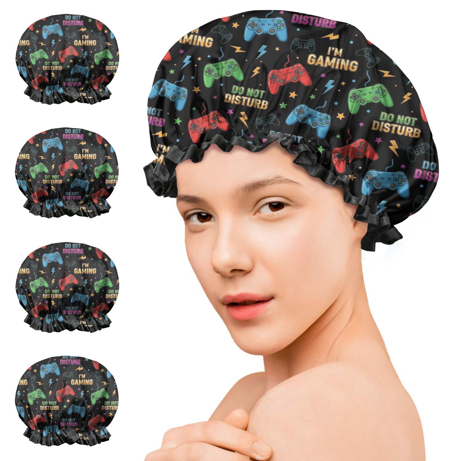 Shower Caps,Colorful Games Sign Black Pattern Waterproof Shower Cap for Women 4 Pieces,Double Reusable Hair Cover for Shower PEVA Elastic Stretch Hem
