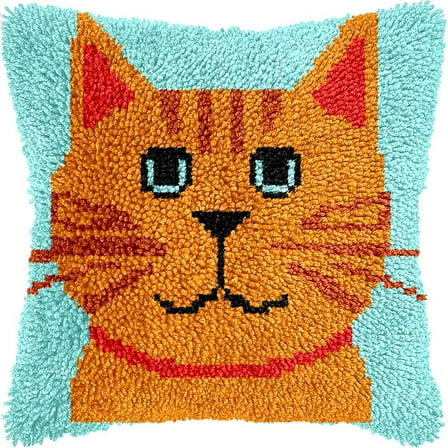 Cute Cat Face Latch Hook Pillow Cover Kits for DIY Handmade Throw Pillow Cross Stitch Latch Hooking Pillowcase Kits with Preprinted Color Pattern Canvas Crochet Yarn Kits 17''X 17''(5-60)
