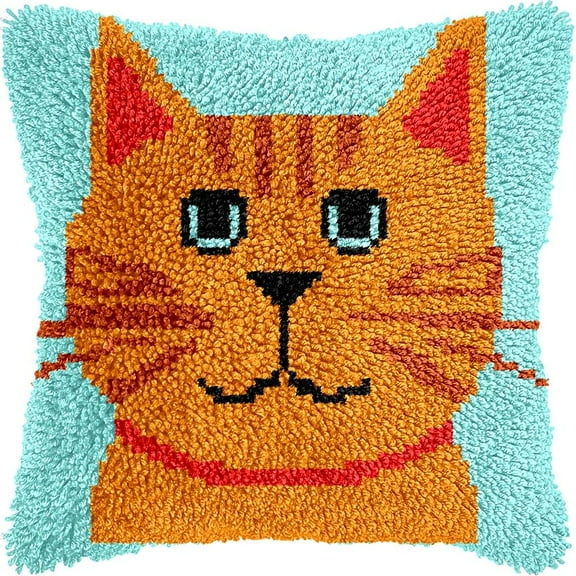 Cute Cat Face Latch Hook Pillow Cover Kits for DIY Handmade Throw Pillow Cross Stitch Latch Hooking Pillowcase Kits with Preprinted Color Pattern Canvas Crochet Yarn Kits 17''X 17''(5-60)