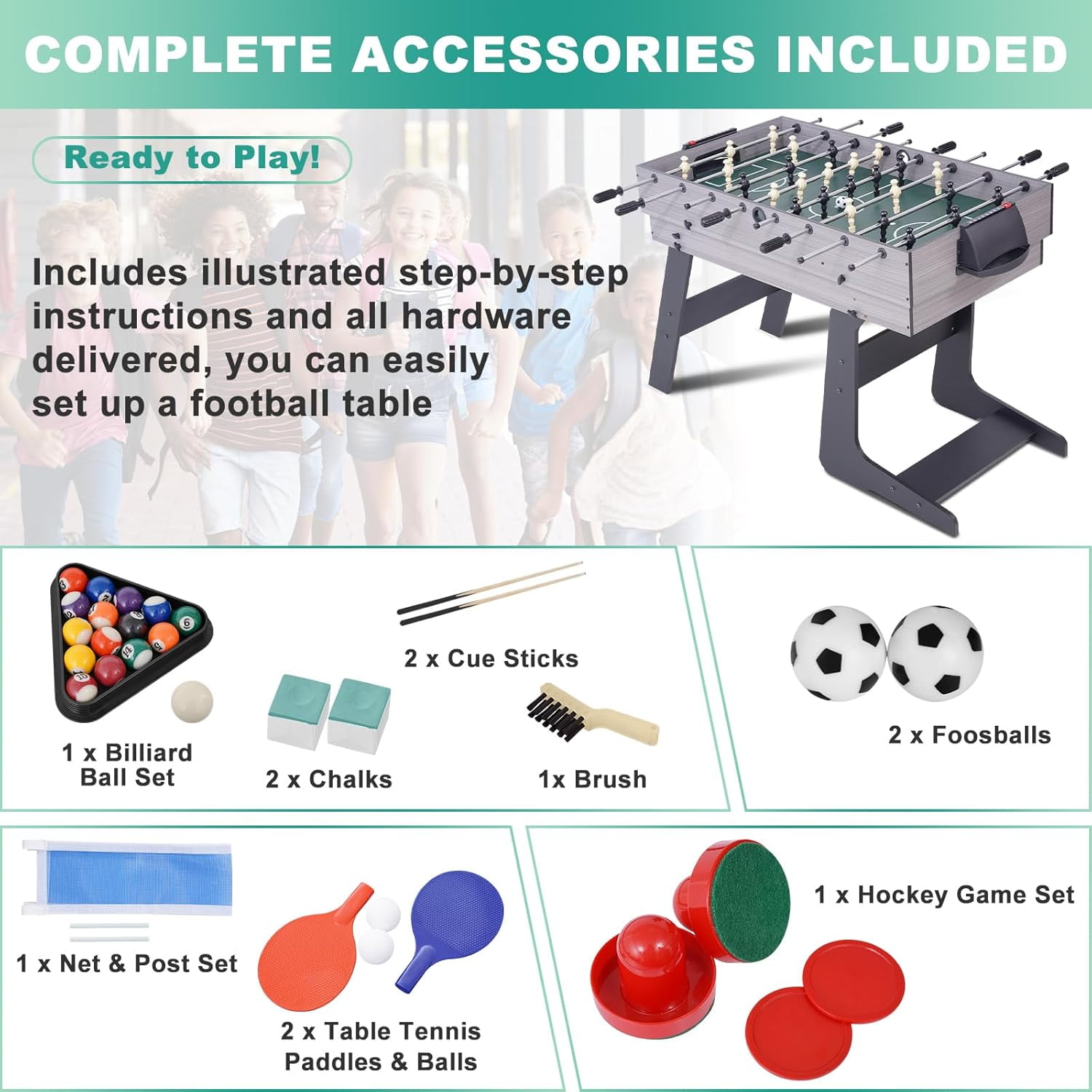 RayChee 4 in 1 Table Game Set 54 in L x 24 in W x 32.5 in H Billiard Balls Table Air hockey table
