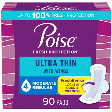 Poise Ultra Thin Incontinence Pads with Wings, Active Collection, Moderate Absorbency, 72 Count (4 Packs of 18) (Packaging May Vary)